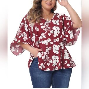 Agnes Orinda Red/burgundy Floral Blouse 3X Plus Boho Cottagecore Flowy Peplum